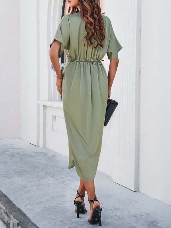 New solid color temperament V - neck short - sleeved dress - Casual Dress